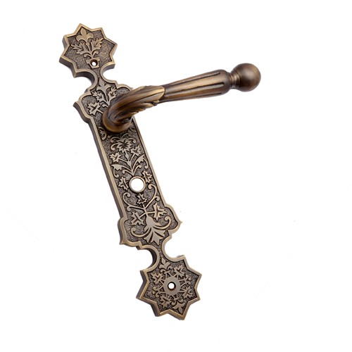 "Shalmaneser" Brass Door Handle with Plate (Bathroom Hole Cutout)